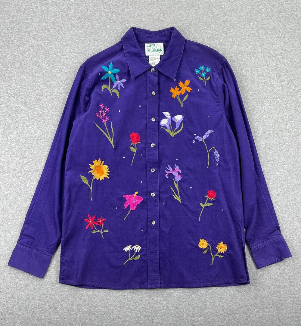 VTG Quacker Factory Embroidered Floral Corduroy Shirt Womens S Purple Button-Up